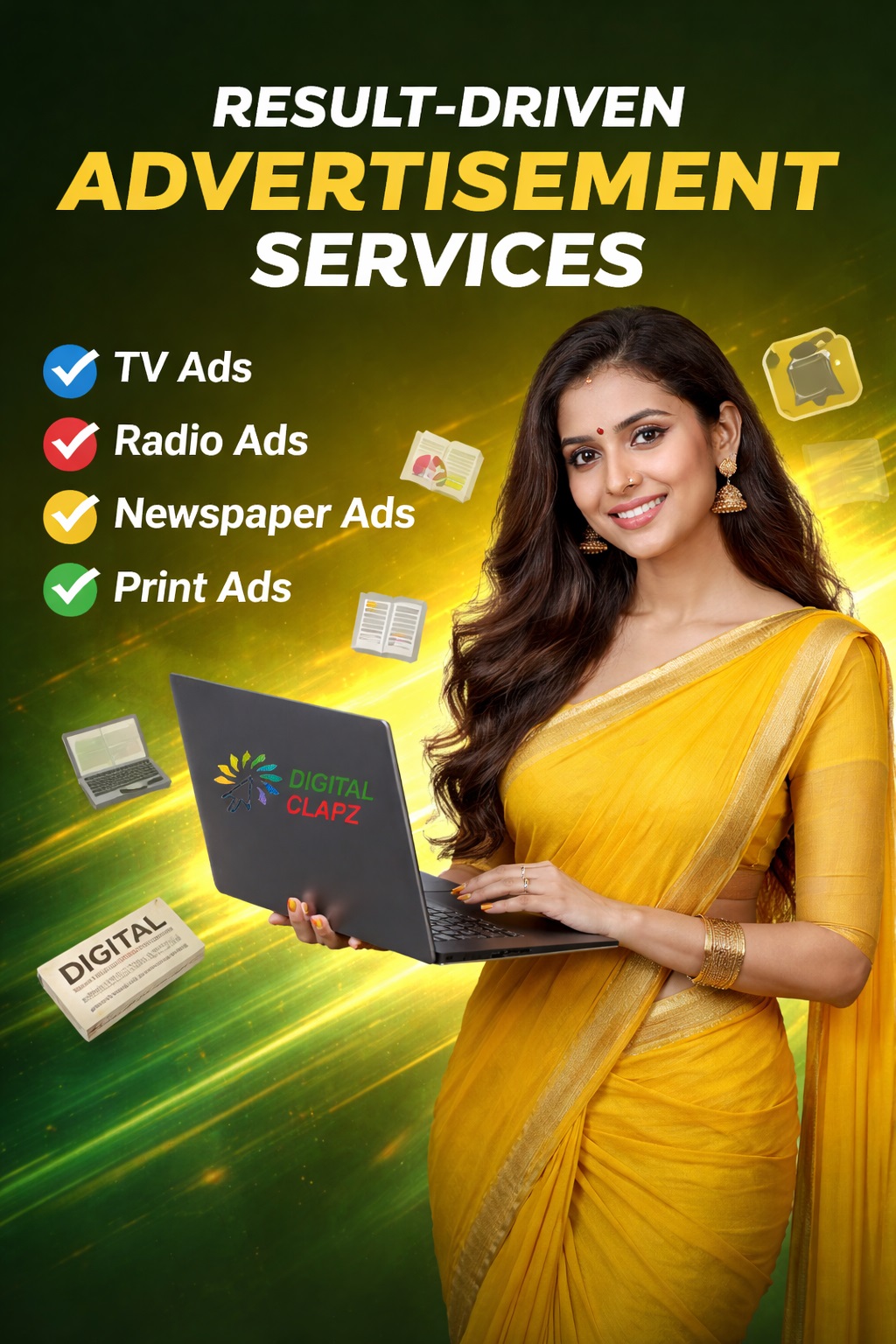 DigitalClapz professional advertisement services including TV, radio, newspaper, and social media advertising